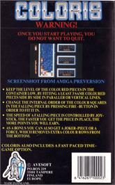 Box back cover for Coloris on the Commodore Amiga.