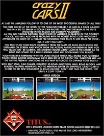 Box back cover for Crazy Cars 2 on the Commodore Amiga.