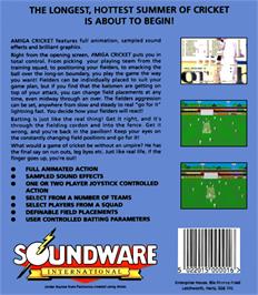Box back cover for Cricket on the Commodore Amiga.