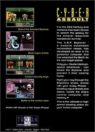 Box back cover for Cyber Assault on the Commodore Amiga.