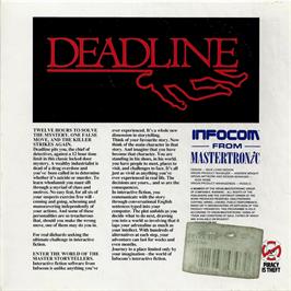 Box back cover for Deadline (Infocom) on the Commodore Amiga.