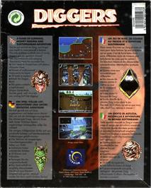 Box back cover for Diggers on the Commodore Amiga.