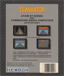 Box back cover for Eliminator on the Commodore Amiga.