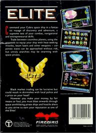 Box back cover for Elite on the Commodore Amiga.