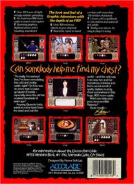 Box back cover for Elvira: Mistress of the Dark on the Commodore Amiga.