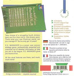 Box back cover for F.c. Manager on the Commodore Amiga.