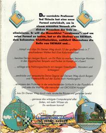 Box back cover for Fatman: The Caped Consumer on the Commodore Amiga.