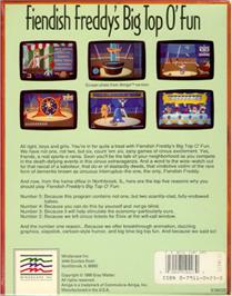 Box back cover for Fiendish Freddy's Big Top O' Fun on the Commodore Amiga.