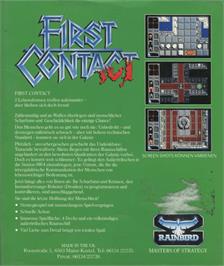 Box back cover for First Contact on the Commodore Amiga.