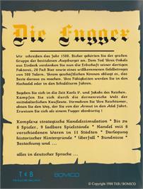 Box back cover for Fugger on the Commodore Amiga.