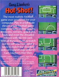 Box back cover for Gary Lineker's Hot-shot! on the Commodore Amiga.
