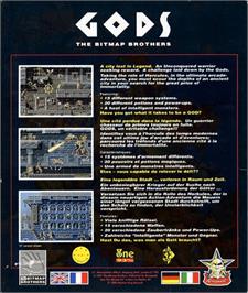 Box back cover for Gods on the Commodore Amiga.