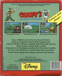 Box back cover for Goofy's Railway Express on the Commodore Amiga.