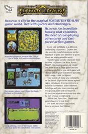 Box back cover for Hillsfar on the Commodore Amiga.