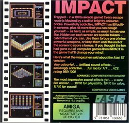 Box back cover for Impact on the Commodore Amiga.