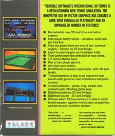 Box back cover for International 3D Tennis on the Commodore Amiga.