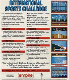 Box back cover for International Sports Challenge on the Commodore Amiga.