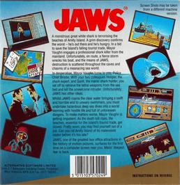 Box back cover for Jaws on the Commodore Amiga.