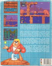 Box back cover for Kid Chaos on the Commodore Amiga.