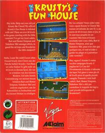 Box back cover for Krusty's Fun House on the Commodore Amiga.