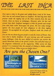 Box back cover for Last Inca on the Commodore Amiga.