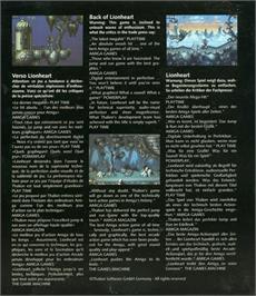 Box back cover for Lionheart on the Commodore Amiga.