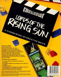 Box back cover for Lords Of The Rising Sun on the Commodore Amiga.