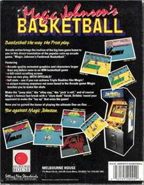 Box back cover for Magic Johnson's Basketball on the Commodore Amiga.