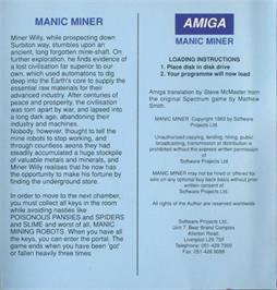 Box back cover for Manic Miner on the Commodore Amiga.