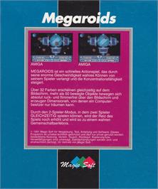 Box back cover for Megaroids on the Commodore Amiga.