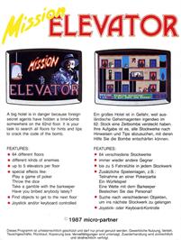 Box back cover for Mission Elevator on the Commodore Amiga.