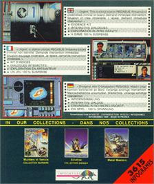 Box back cover for Murders in Space on the Commodore Amiga.