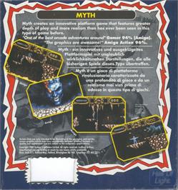 Box back cover for Myth: History in the Making on the Commodore Amiga.