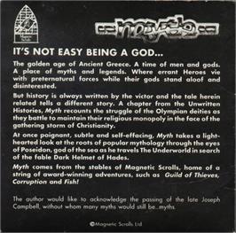 Box back cover for Myth (Magnetic Scrolls) on the Commodore Amiga.