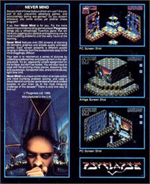Box back cover for Never Mind on the Commodore Amiga.