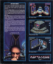 Box back cover for Never Mind on the Commodore Amiga.