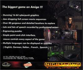 Box back cover for Nightlong: Union City Conspiracy on the Commodore Amiga.
