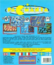Box back cover for Pac-Mania on the Commodore Amiga.
