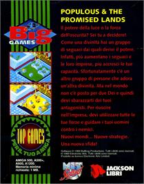 Box back cover for Populous & The Promised Lands on the Commodore Amiga.