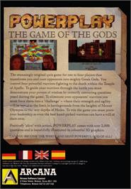 Box back cover for Powerplay: The Game of the Gods on the Commodore Amiga.