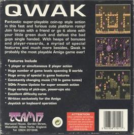 Box back cover for Qwak on the Commodore Amiga.