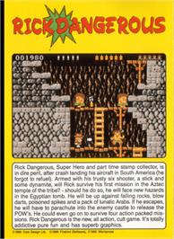 Box back cover for Rick Dangerous on the Commodore Amiga.