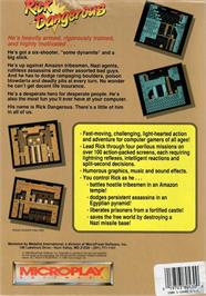 Box back cover for Rick Dangerous on the Commodore Amiga.