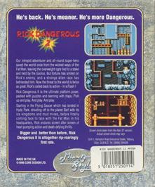 Box back cover for Rick Dangerous 2 on the Commodore Amiga.