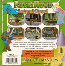 Box back cover for Robin Hood: Legend Quest on the Commodore Amiga.