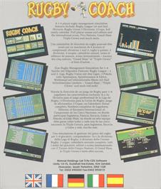 Box back cover for Rugby Coach on the Commodore Amiga.