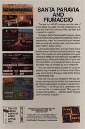 Box back cover for Santa Paravia and Fiumaccio on the Commodore Amiga.