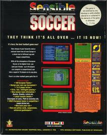 Box back cover for Sensible Soccer on the Commodore Amiga.