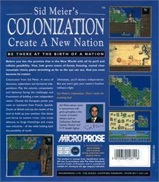 Box back cover for Sid Meier's Colonization on the Commodore Amiga.
