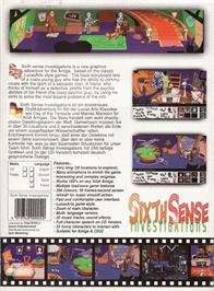 Box back cover for Sixth Sense Investigations on the Commodore Amiga.